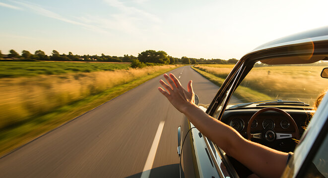 Open Road Adventure: A spirited traveler stretches an arm out of a classic car on an open road, embodying the freedom and joy of a scenic drive, bathed in the golden sunlight.