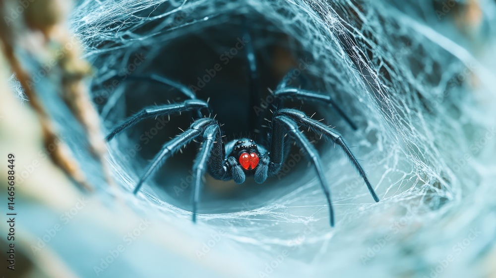 Poster close-up view of a spider in its intricate web.