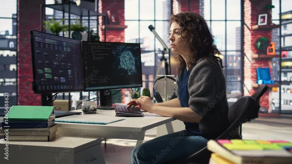 Poster admin writing code and doing maintenance on artificial intelligence neural networks computerized mod