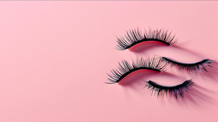 hyperrealistic photo of false eyelash strips on a pink background minimal copyspace