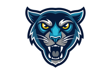 Fierce blue panther head roars with intense yellow eyes isolated on a white background