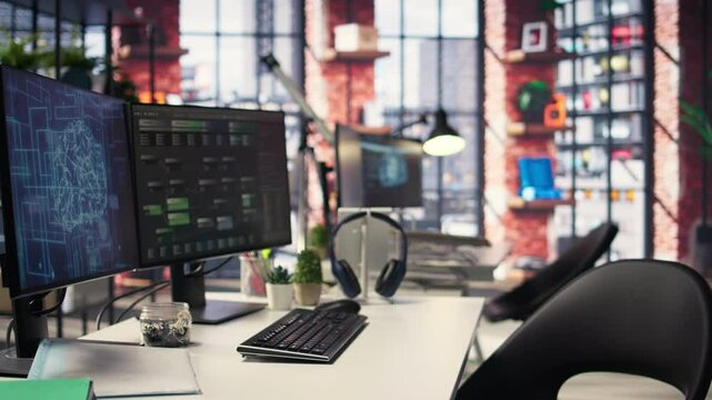 Empty AI developer desk including a monitor filled with neural network data, highlighting cloud computing, network connectivity and pattern recognition in scientific research. Notes tree.