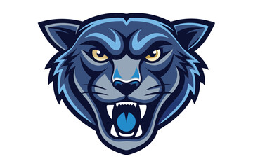An aggressive stylized blue panther face shows its teeth with yellow eyes
