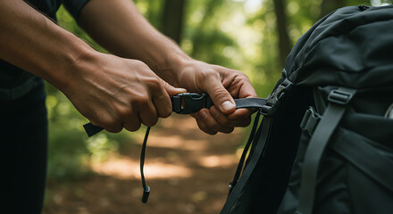 Preparing for the Journey: A person's hands skillfully adjust a backpack strap in a serene outdoor setting, a symbol of preparedness and adventure.