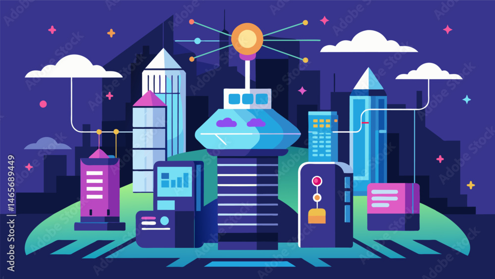 Aufkleber a futuristic city built upon a datacentric framework that ensures seamless communication and coordin