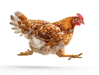 Close-up action shot of a chicken in motion, wings slightly spread, ruffled feathers, bright and even lighting, soft shadows, minimalist background - AI-Generated