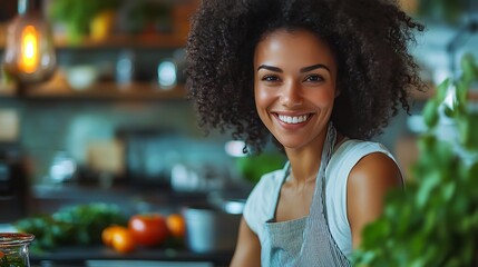 Smiling woman in apron surrounded by fresh produce. Promoting healthy lifestyles and balanced nutrition. Dedicated professionals on Registered Dietitian Nutritionist Day