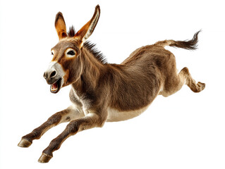 Obraz premium Close-up, dynamic donkey portrait in mid-gallop, looking off-camera, open mouth possibly vocalizing, plain white background, well-lit environment - AI-Generated