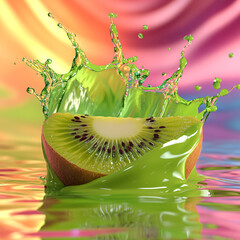 Fresh green kiwi fruit slices create a juicy splash in clear water, showcasing its healthy and tropical nature