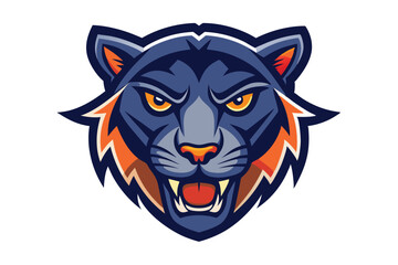 Fierce panther head with blue fur and orange details is snarling aggressively on white