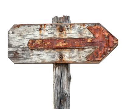 Rustic directional sign post indicating right turn in nature landscape isolated on transparent background