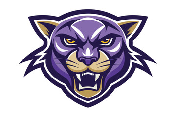 Fierce purple cougar mascot with striking yellow eyes reveals its teeth in a threatening manner