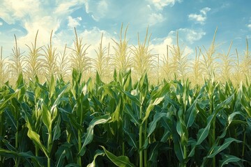 Tall green corn plants with tassels under a partly cloudy blue sky in a bright sunny day