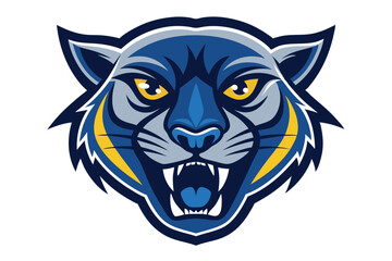 Fierce blue cougar mascot roars with yellow eyes and sharp white teeth menacingly