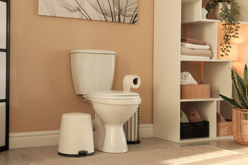 Ceramic toilet bowl, houseplants and necessities in restroom