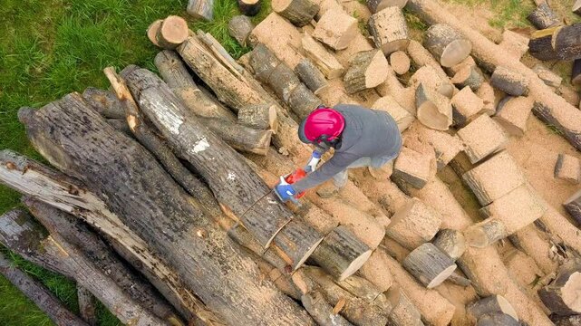 Lumberjack with a chainsaw cutting trees in the forest. Preparing firewood for winter. Top down view. Aerial view from drone
