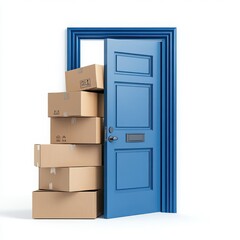 Boxes stacked by blue door on white background