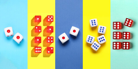 Set of many dices on color background, top view