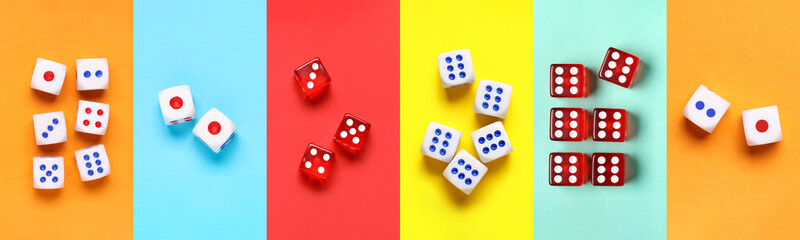 Set of many dices on color background, top view