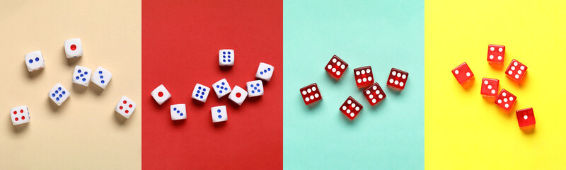 Set of many dices on color background, top view