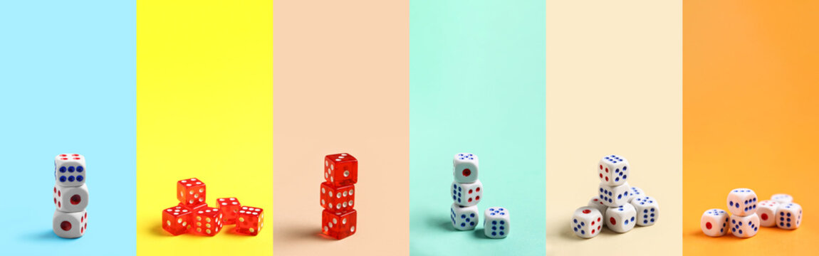 Set of many dices on color background