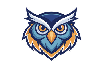 Striking owl head displays majestic blue plumage and piercing orange eyes on white background