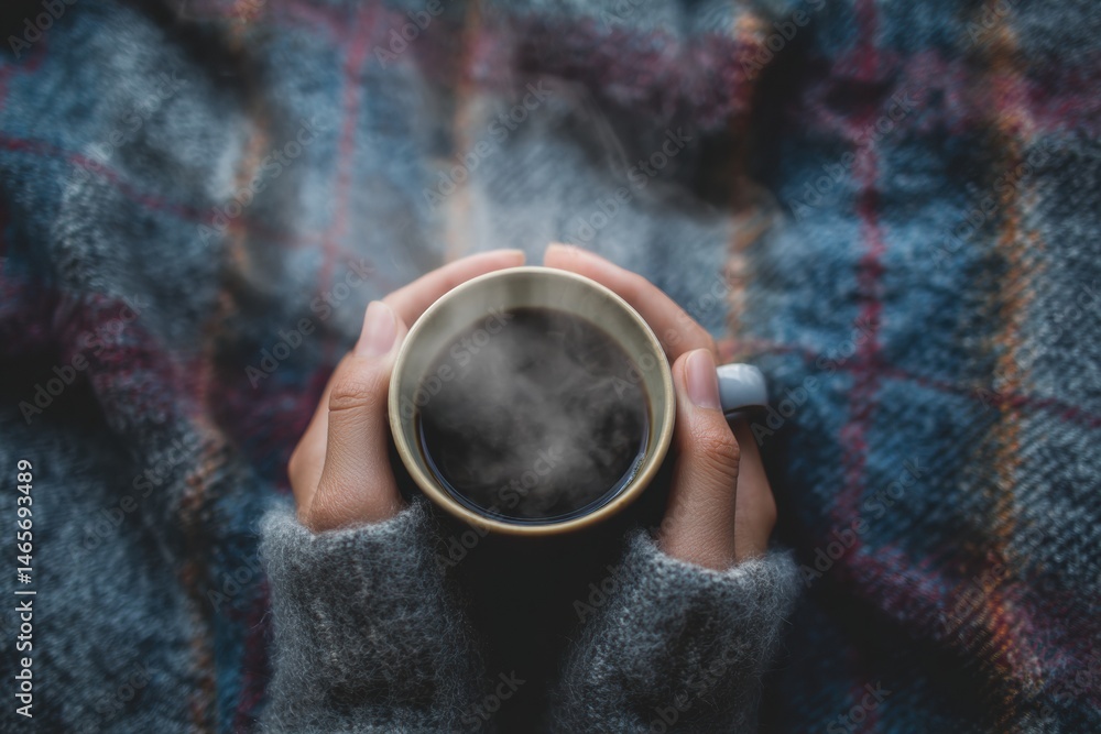 Poster warm hands cradle a steaming cup of coffee on a cozy flannel blanket in a tranquil setting during a 