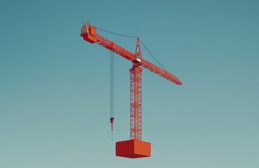 Red crane against a pale blue sky.  Detailed, 3D model of a construction crane,  simple geometric shapes,  low-poly style,  isolated