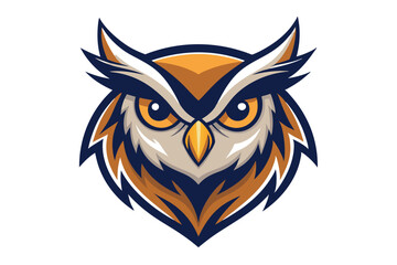 An isolated owl head with dark blue and orange feathers gives an intense gaze