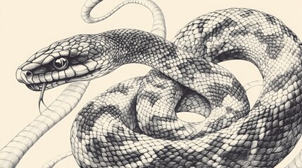 Hand-drawn twisted snake in black and white, perfect for tattoos and t-shirt designs. 