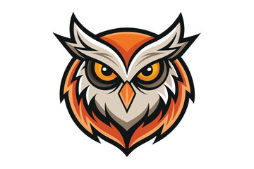 Orange owl head is drawn with a sharp gaze and distinct plumage