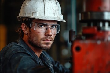 Focused industrial worker wearing safety helmet and protective glasses operating machinery in a factory setting