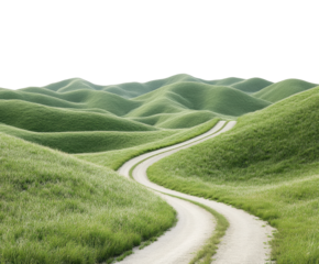 Scenic winding road amidst rolling green hills nature landscape serene environment isolated on transparent background