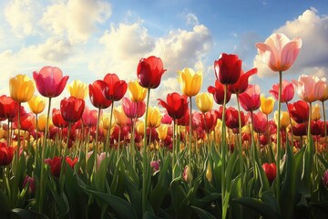 Bright red, yellow, and pink tulips blooming under a sunny sky with white fluffy clouds, evoking a lively and cheerful spring atmosphere