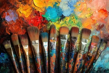 A collection of paintbrushes laid out against a vibrant, multicolored palette with thick, textured oil paint strokes in warm and cool hues