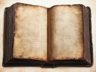 Open ancient book with blank, yellowed and weathered pages, showing signs of age and wear, evoking a sense of history and mystery