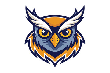 Detailed owl mascot features golden eyes, sharp beak, and intense blue feathered plumage