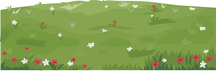 Fototapeta premium Meadow with red flowers bright cartoon grass landscape vector illustration