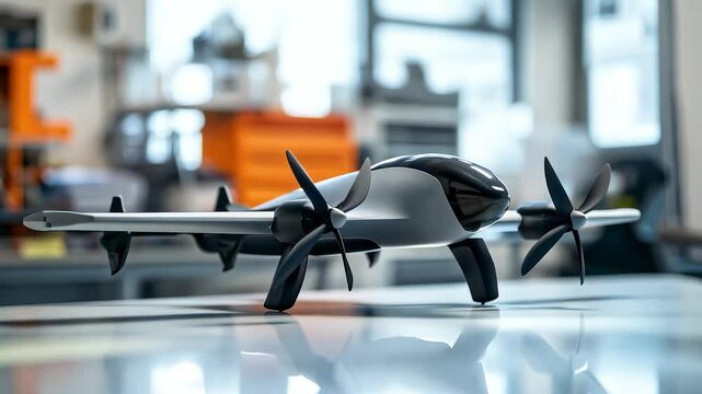 Electric Vertical Takeoff and Landing Aircraft Model on Workshop Table