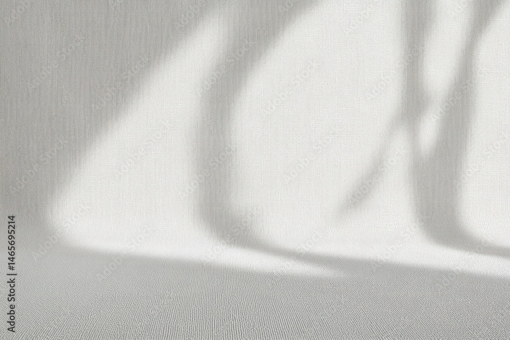 Poster soft natural light casting abstract shadows on textured white wall and surface, creating a calm and 