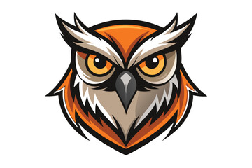 Detailed owl head displays orange and white feathers with piercing amber eyes looking forward