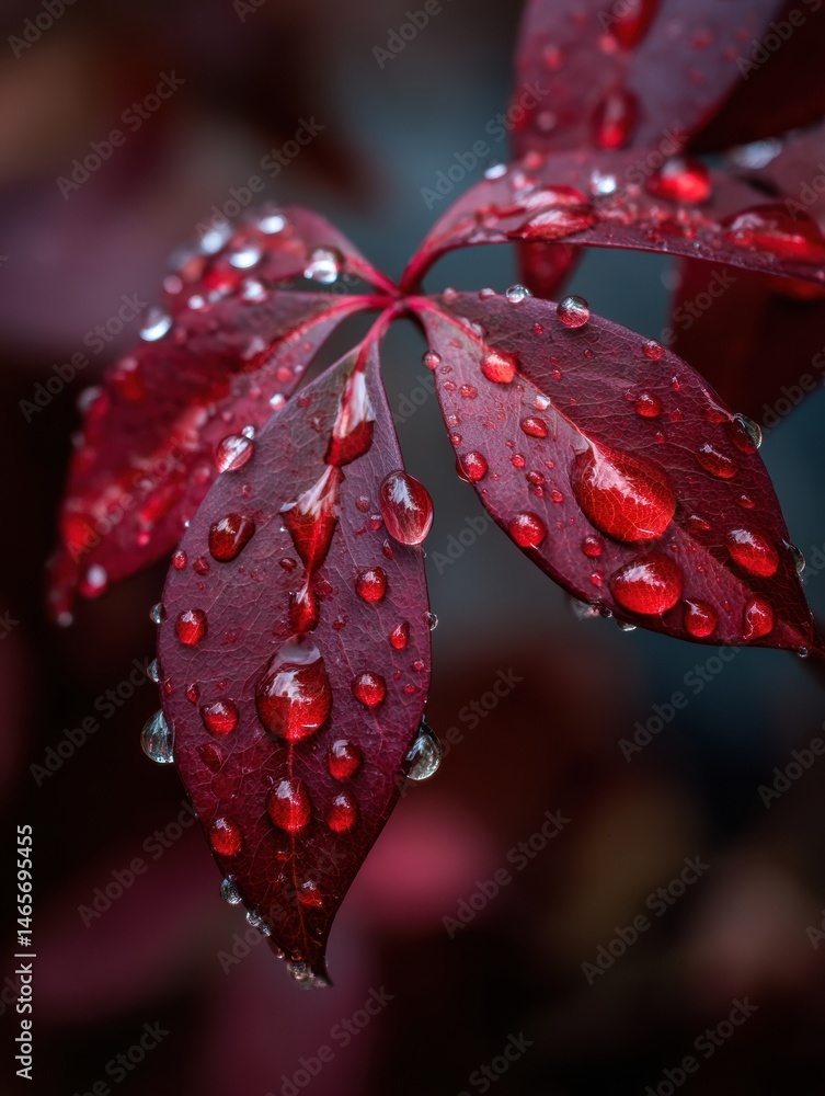 Poster raindrops delicately cling to vibrant red leaf in stunning close-up macro shot during overcast dayti