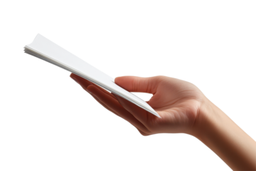 Hand holding a flat, white paper object against a transparent background in a simple design suitable for various creative projects