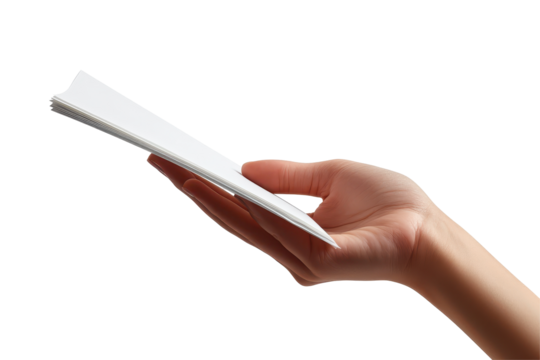 Hand holding a flat, white paper object against a transparent background in a simple design suitable for various creative projects
