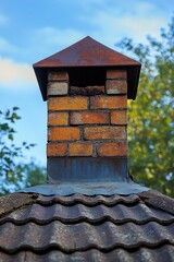 Naklejka premium Old brick chimney with a rusty metal cap on a tiled roof against a clear blue sky and green trees background