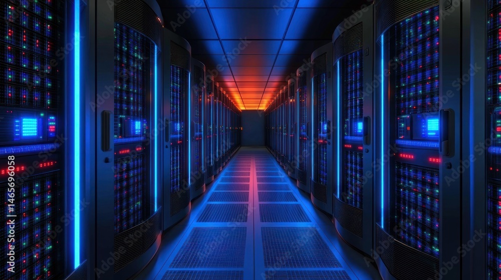 Poster interior view of a futuristic data center aisle with rows of illuminated server racks under blue and