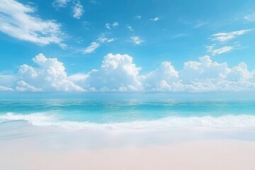 Obraz premium Serene beach with soft white sand, gentle waves lapping shore under a vibrant blue sky filled with fluffy white clouds