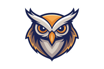 Orange eyed owl mascot displays striking symmetry with distinct feather patterns on a white backdrop