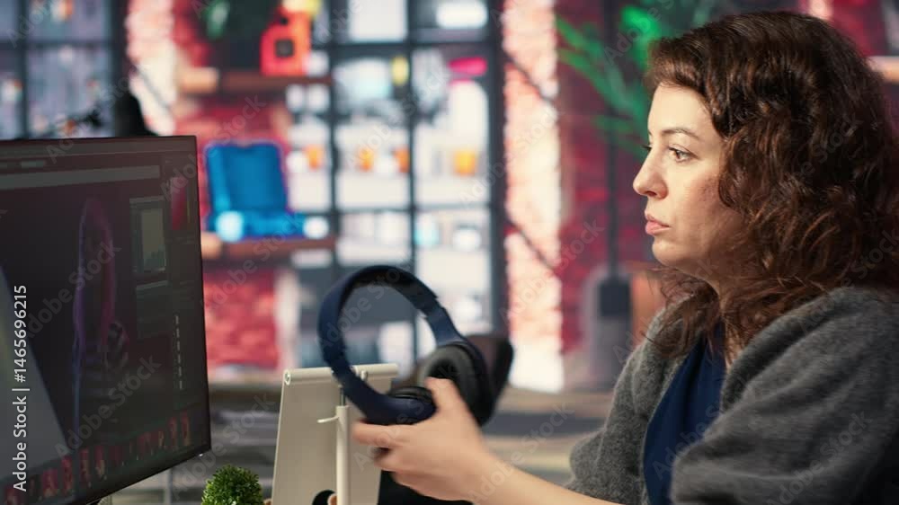 Aufkleber woman expert developer works with photo editing software in the creative workspace, digital media. u