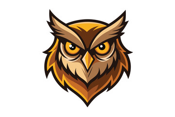 Brown owl head features intense yellow eyes and a sharp beak on a white surface